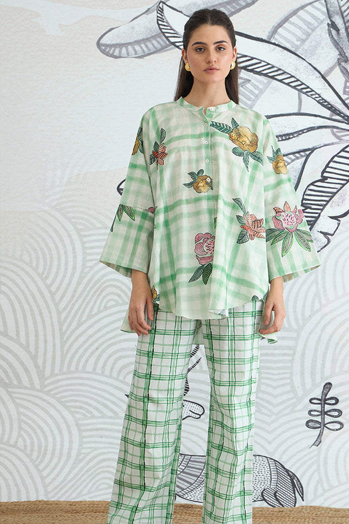 Green Check Flower Namah Tunic With Green Check Pants