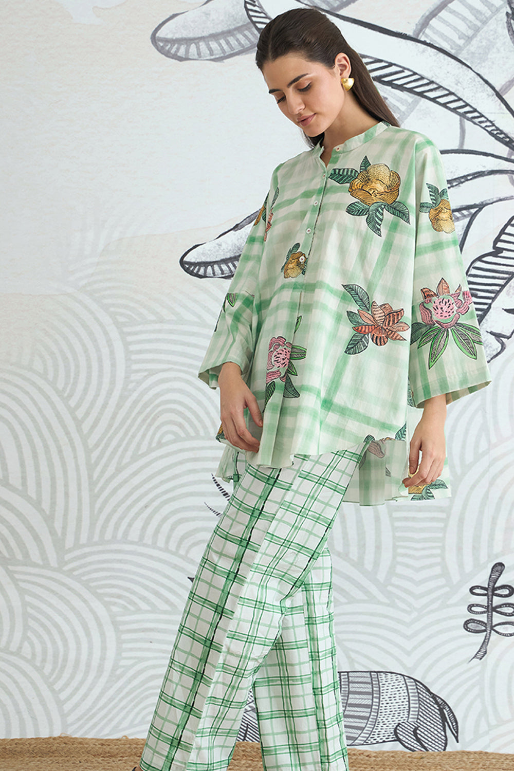 Green Check Flower Namah Tunic With Green Check Pants