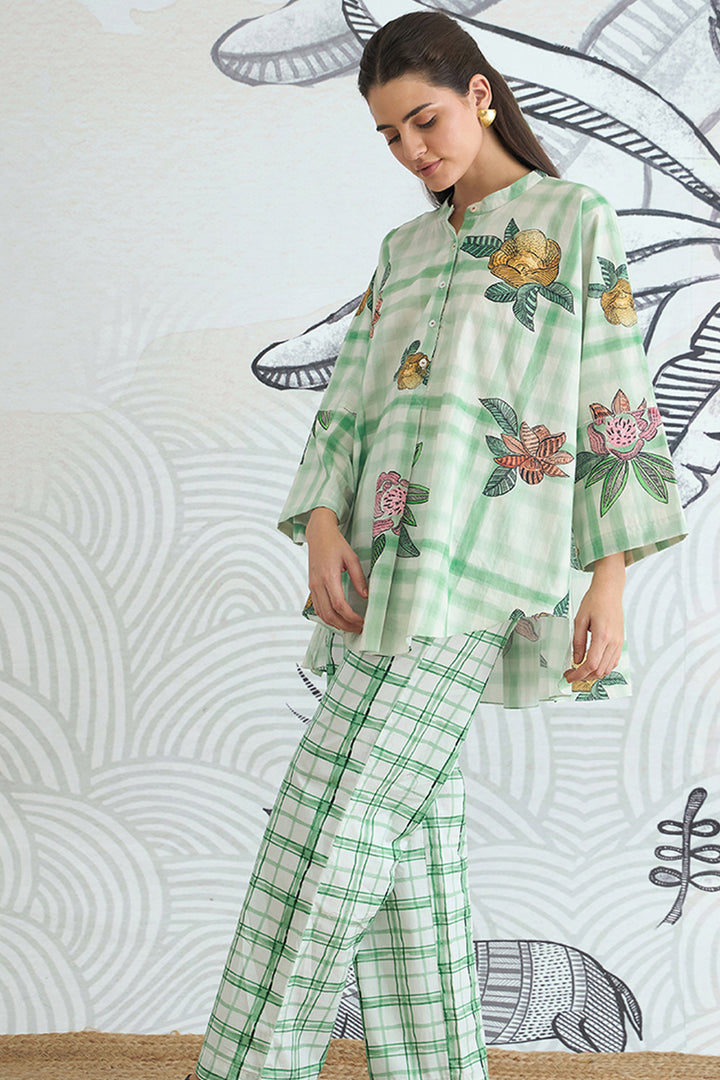 Green Check Flower Namah Tunic With Green Check Pants