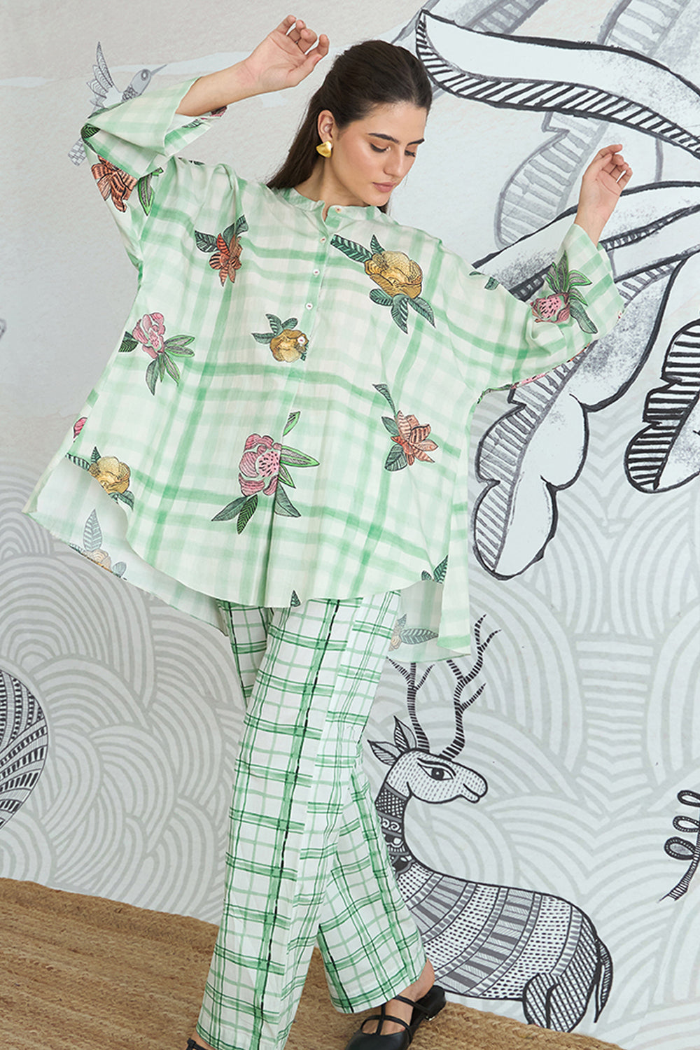Green Check Flower Namah Tunic With Green Check Pants