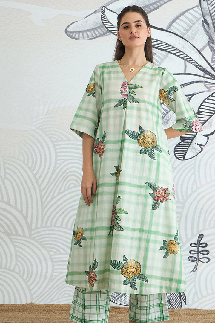 Green Check Flower All Over A-Line Kurta and Pants