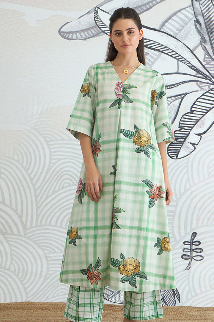 Green Check Flower All Over A-Line Kurta and Pants