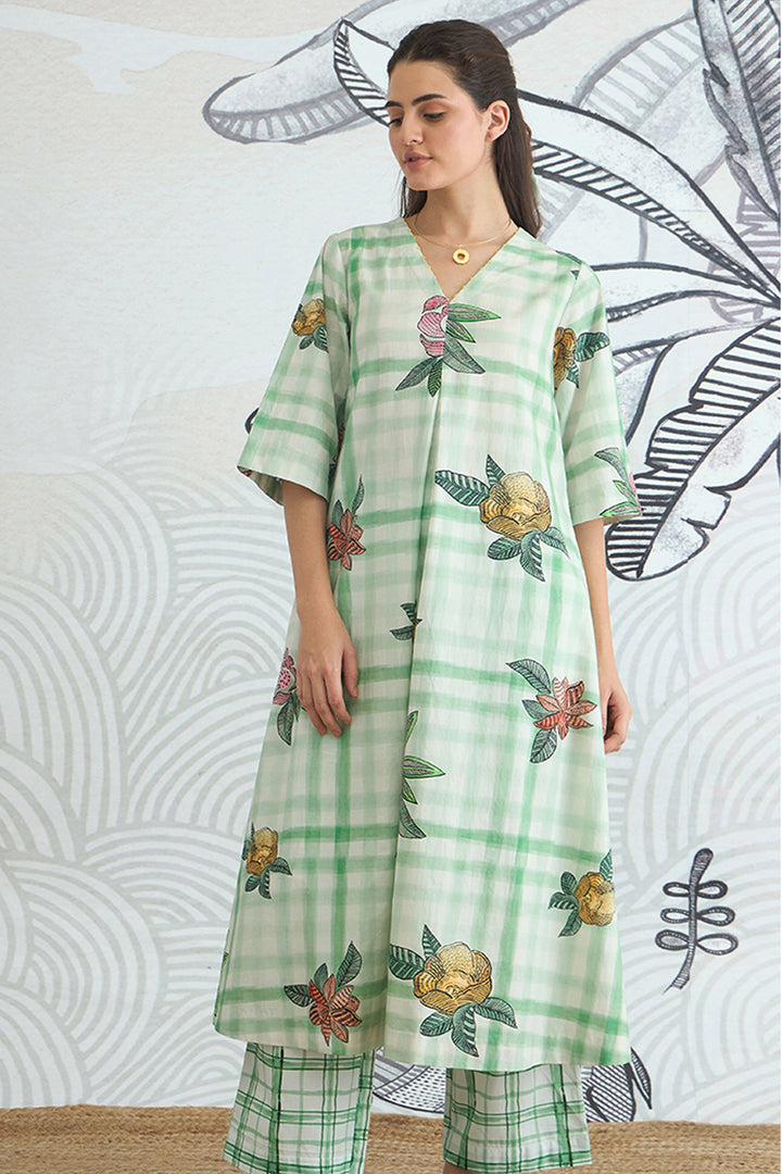 Green Check Flower All Over A-Line Kurta and Pants