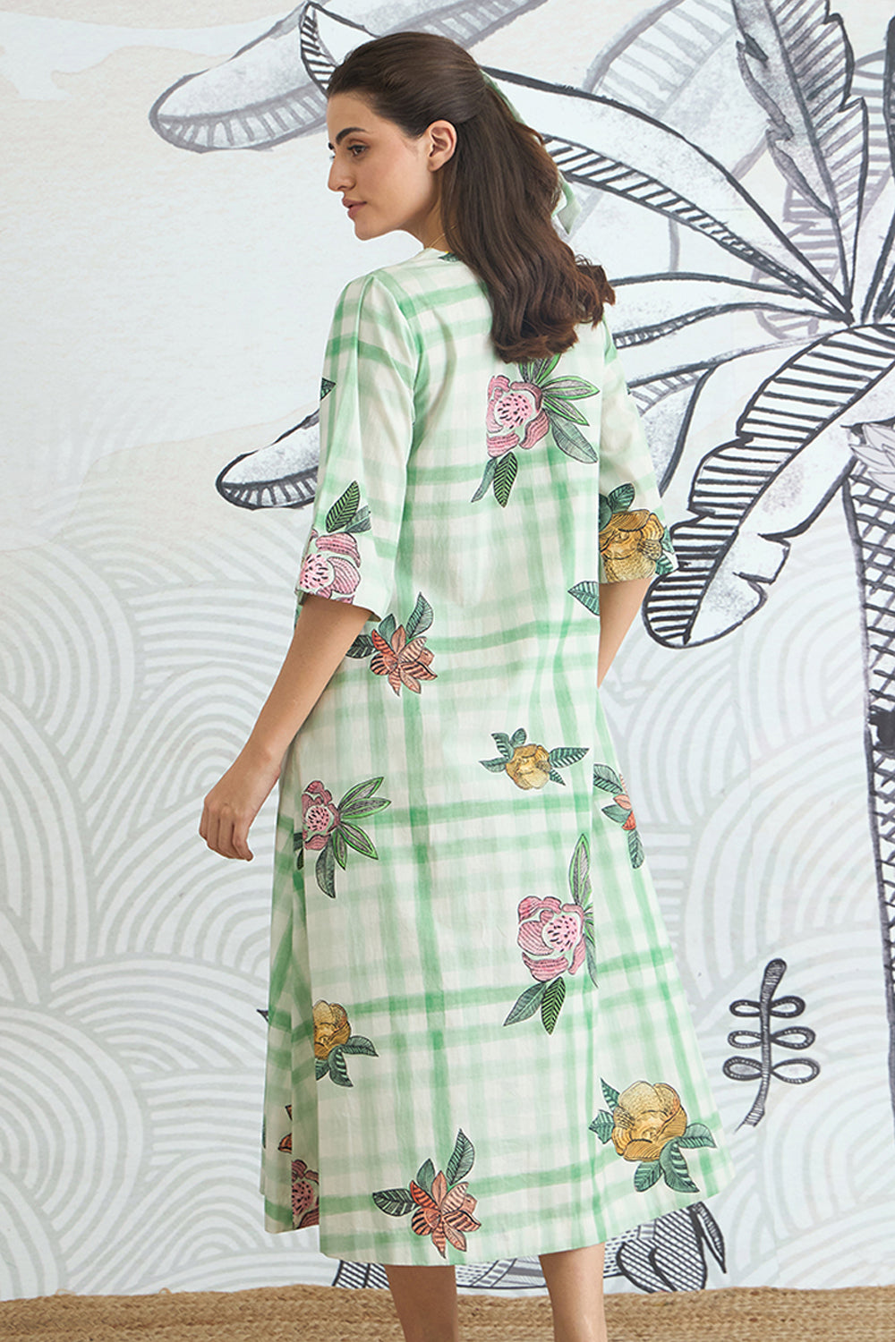 Green Check V-Neck Long Dress With Sleeves