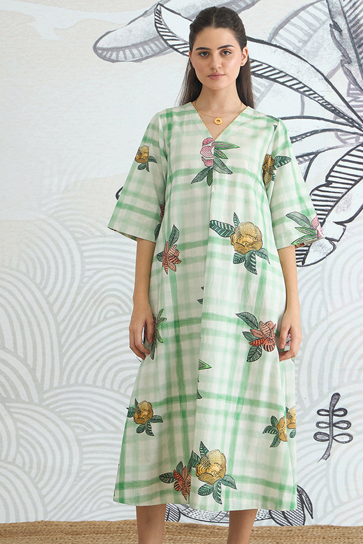 Green Check V-Neck Long Dress With Sleeves