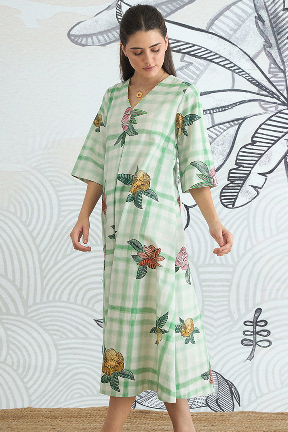 Green Check V-Neck Long Dress With Sleeves