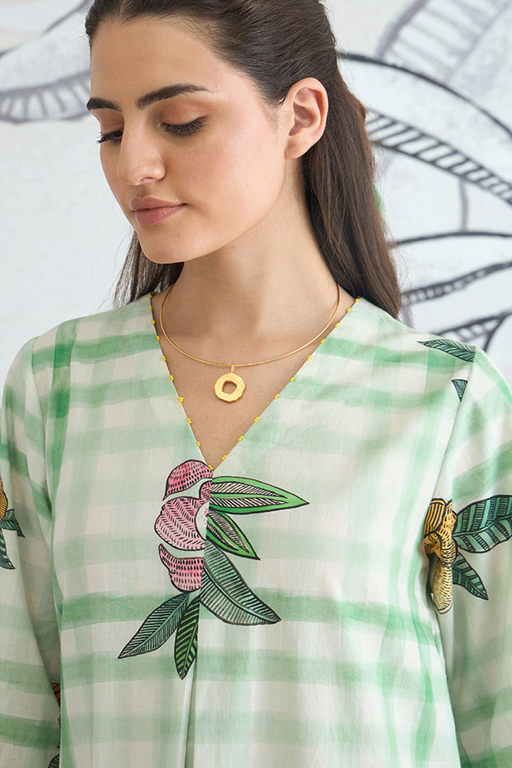 Green Check V-Neck Long Dress With Sleeves