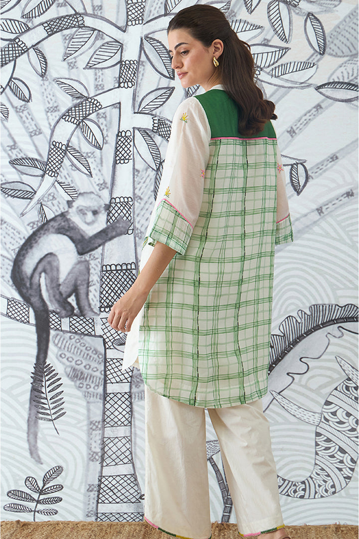 Green Check Emberoidery Short Tunic and Pants