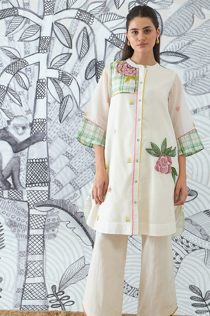 Green Check Emberoidery Short Tunic and Pants