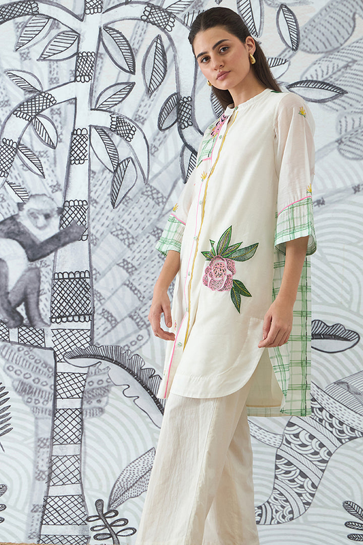 Green Check Emberoidery Short Tunic and Pants
