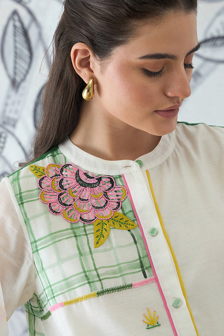 Green Check Emberoidery Short Tunic and Pants