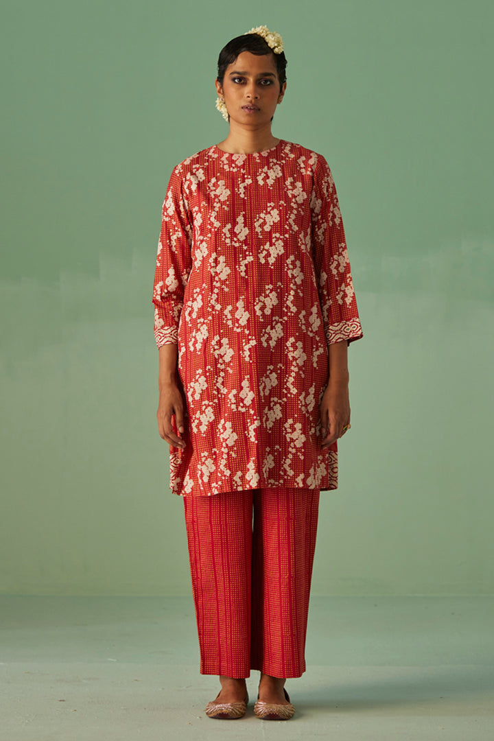Red Back Pleat Kurta and Trouser Set