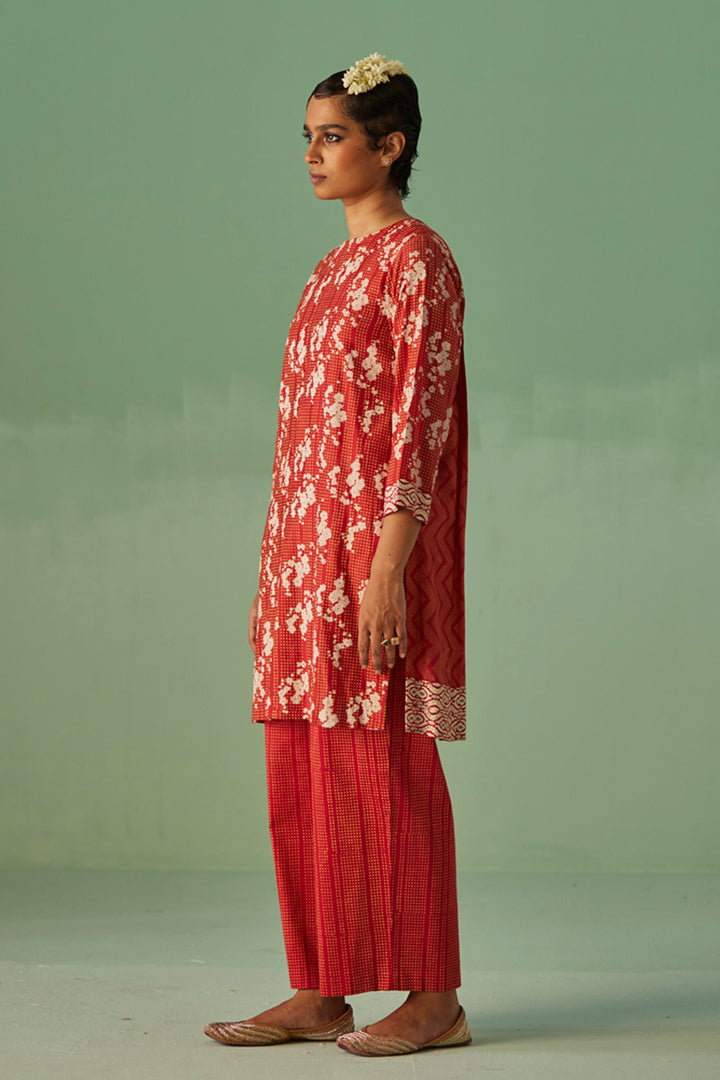 Red Back Pleat Kurta and Trouser Set