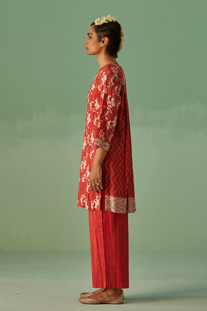 Red Back Pleat Kurta and Trouser Set