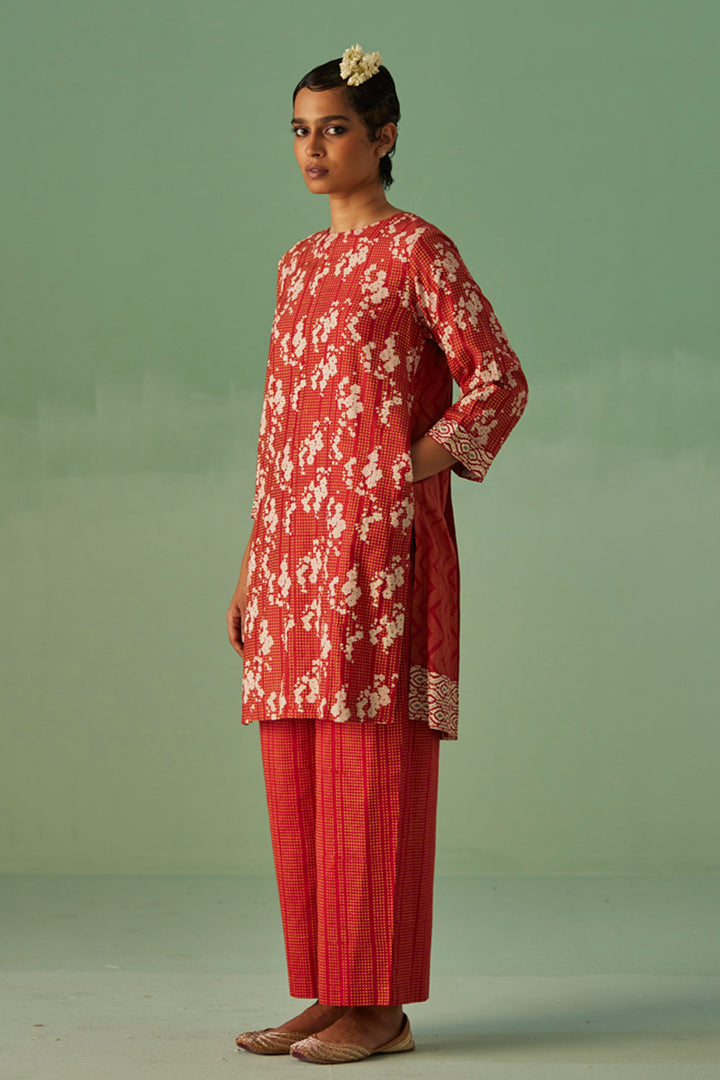 Red Back Pleat Kurta and Trouser Set