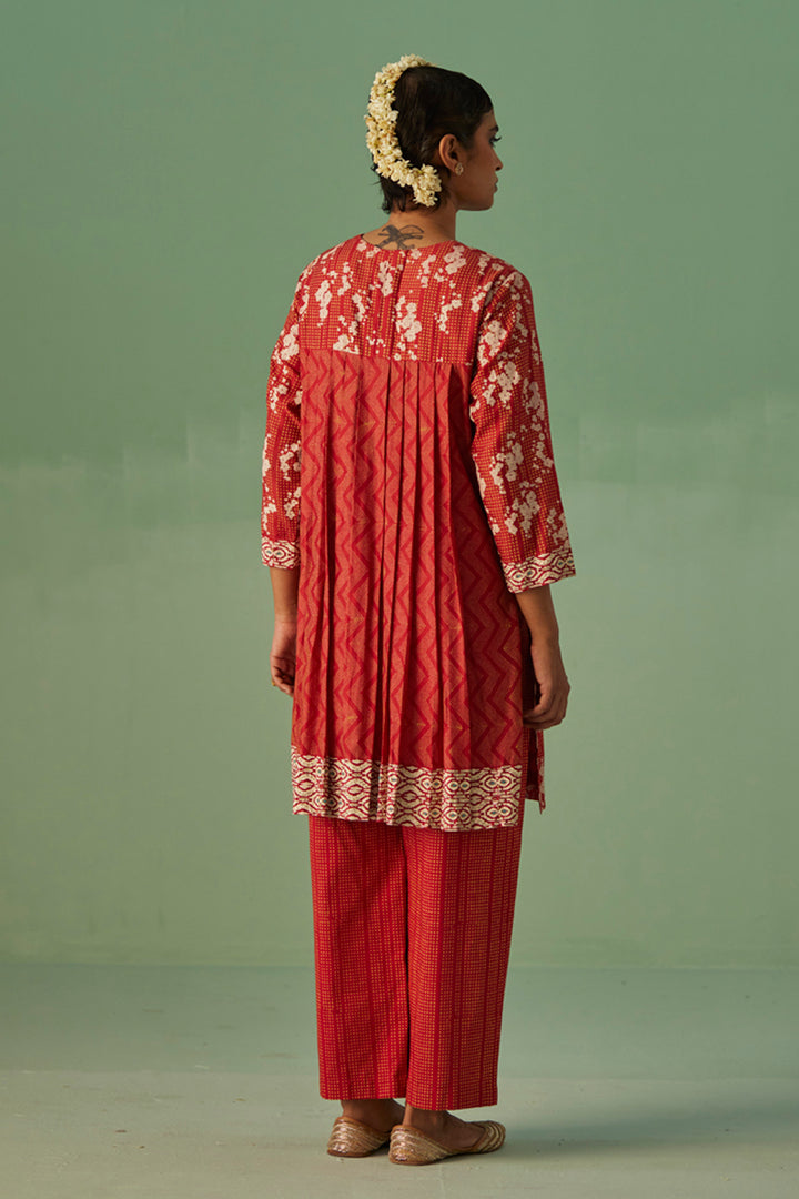 Red Back Pleat Kurta and Trouser Set
