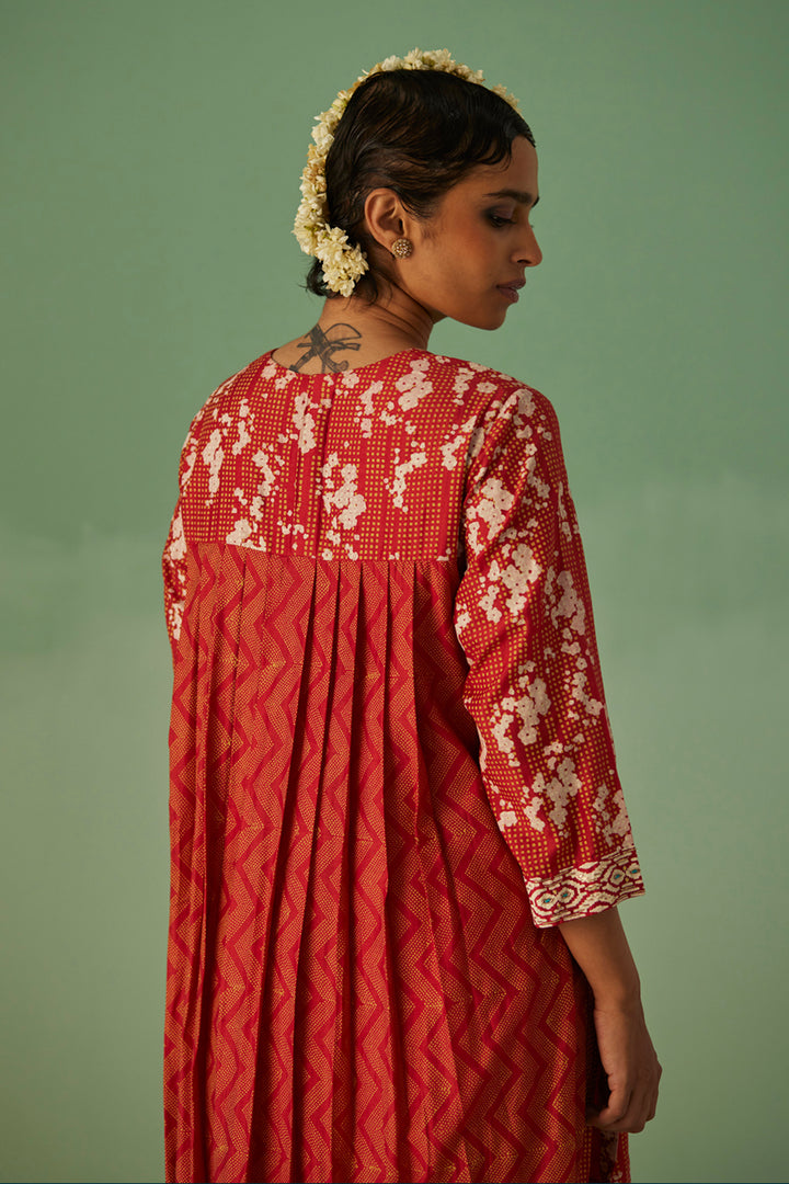 Red Back Pleat Kurta and Trouser Set