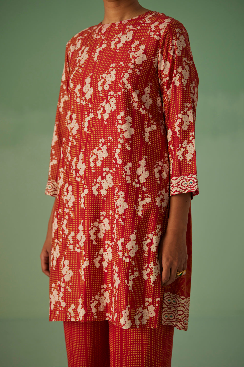 Red Back Pleat Kurta and Trouser Set