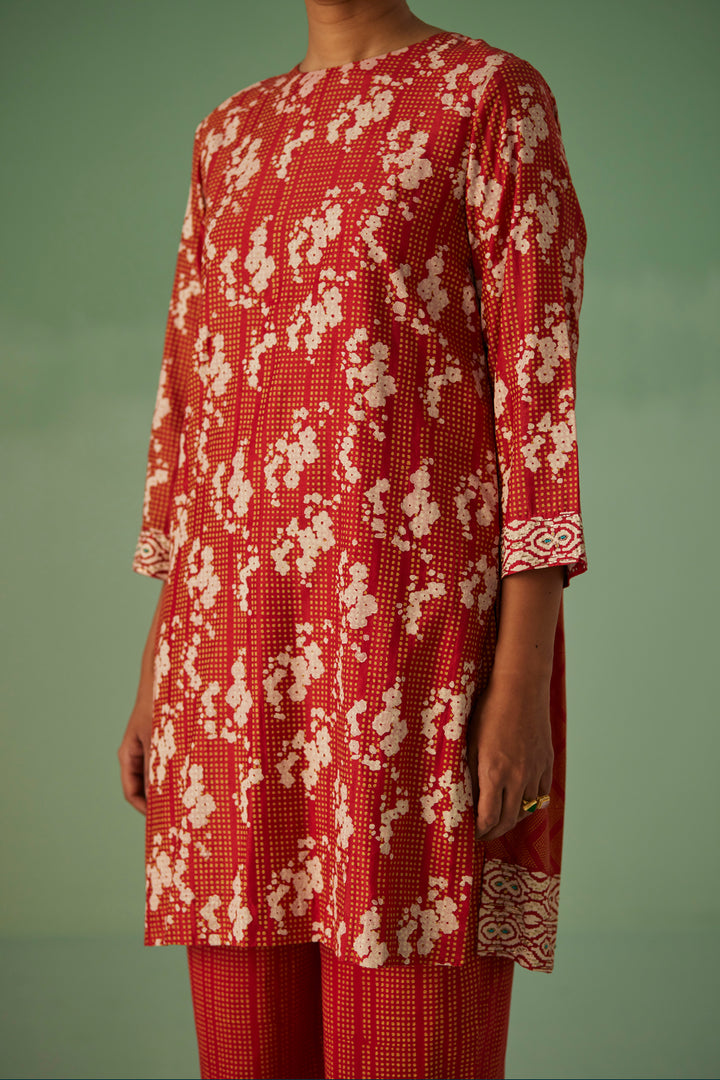 Red Back Pleat Kurta and Trouser Set