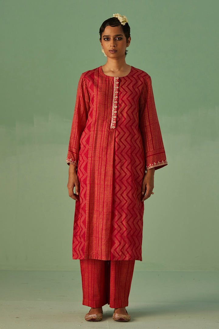 Red Straight Kurta and Trouser Set