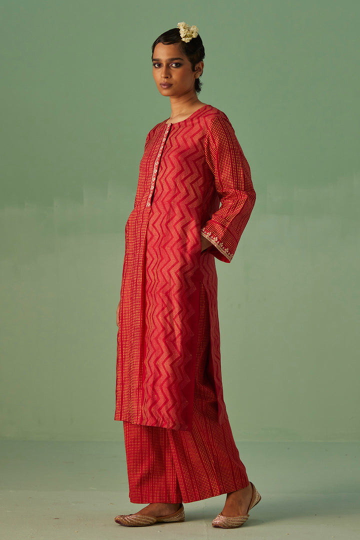 Red Straight Kurta and Trouser Set