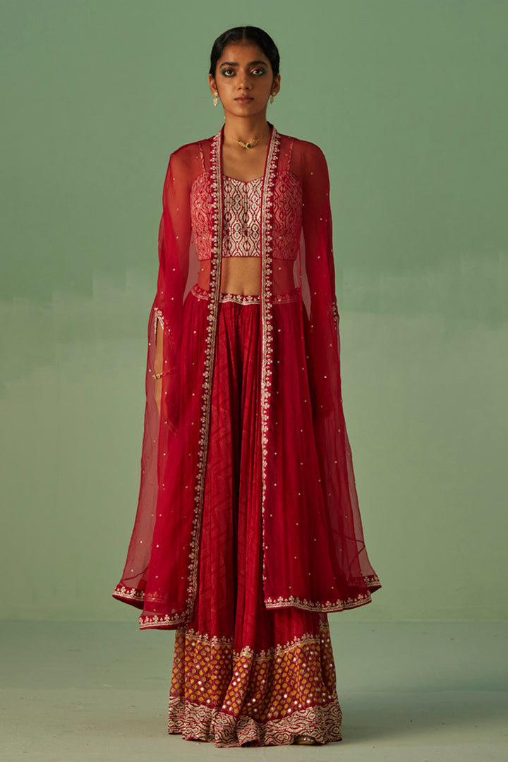 Red Organza Cape and Sharara Set