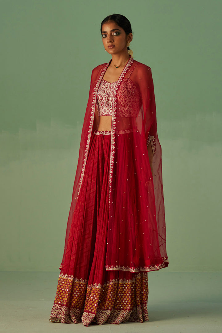 Red Organza Cape and Sharara Set