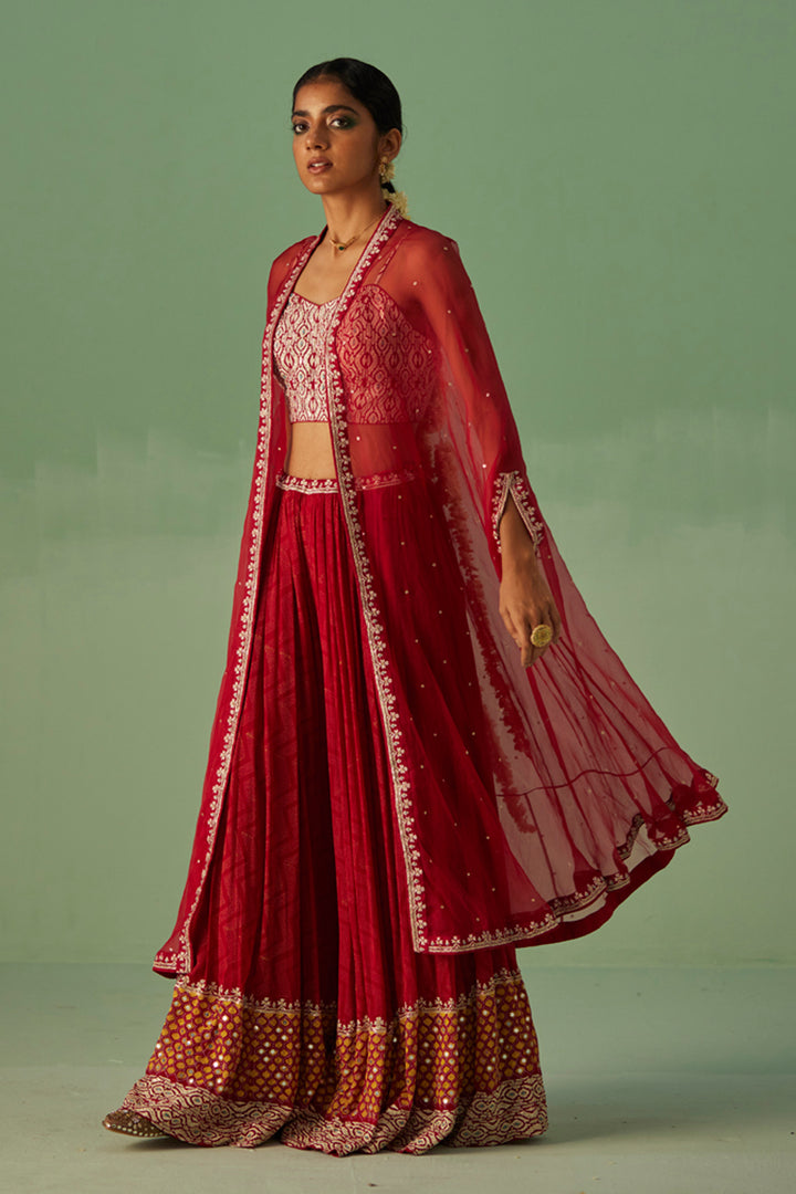 Red Organza Cape and Sharara Set