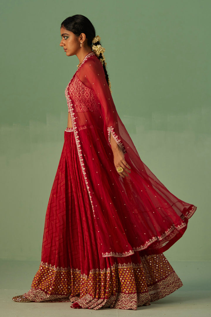 Red Organza Cape and Sharara Set