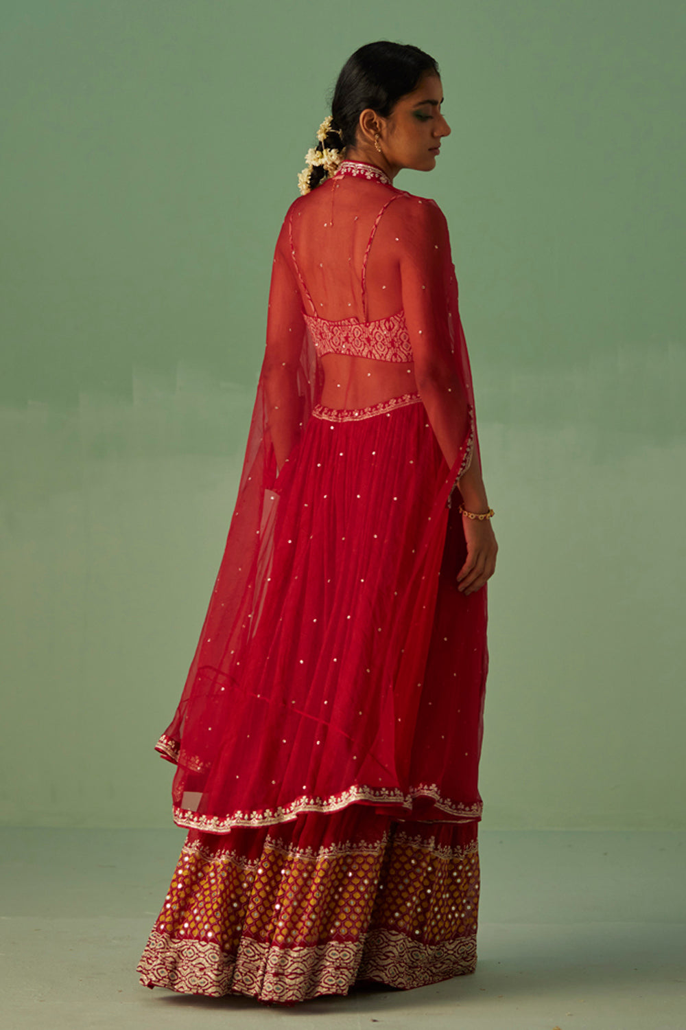 Red Organza Cape and Sharara Set