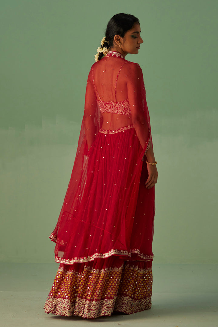 Red Organza Cape and Sharara Set