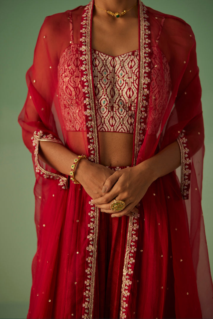 Red Organza Cape and Sharara Set