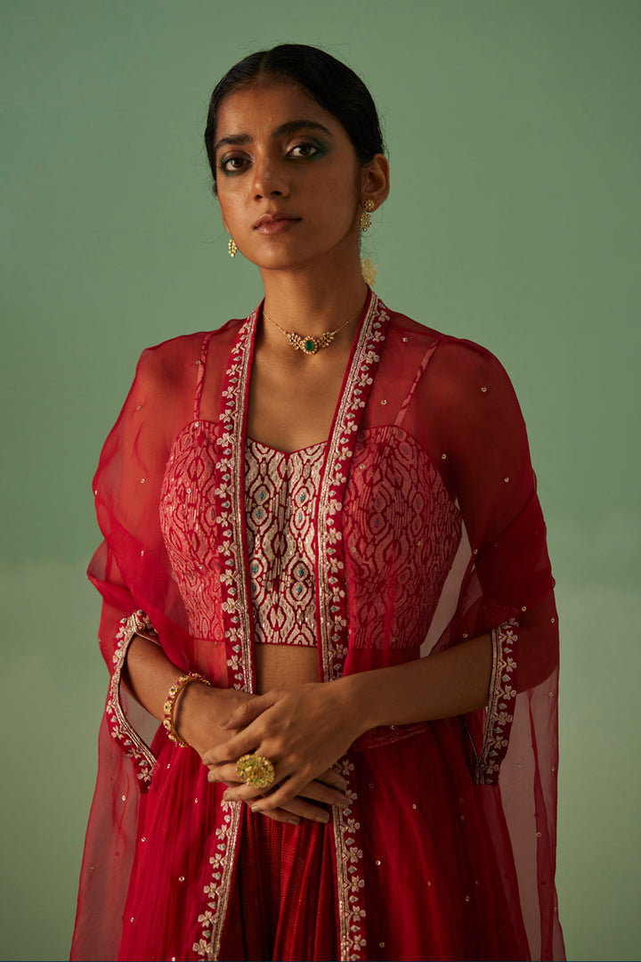 Red Organza Cape and Sharara Set