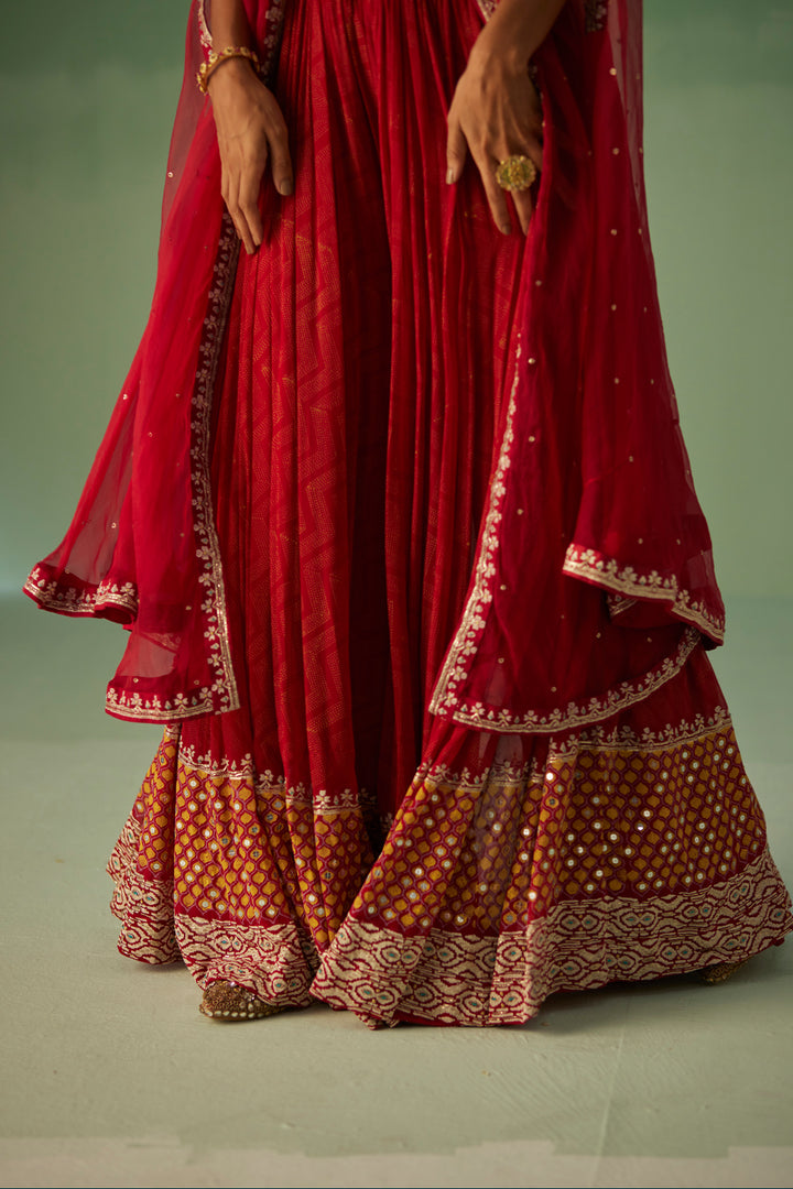 Red Organza Cape and Sharara Set