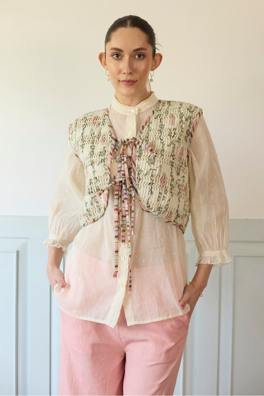 White & Pink Gillet Shirt and Pants Set