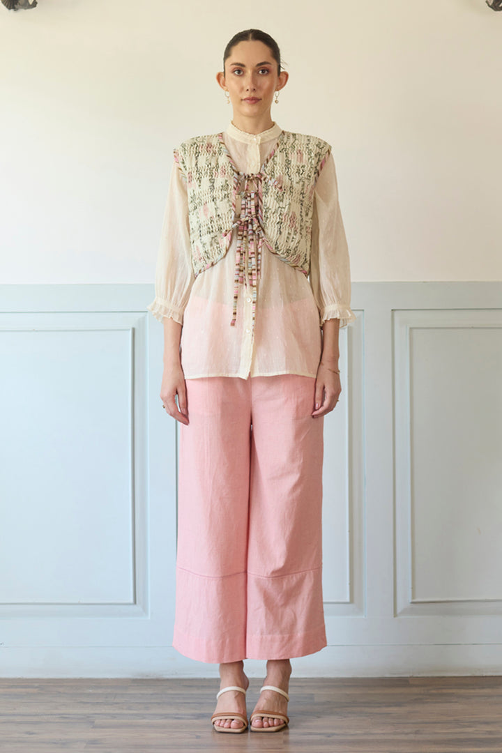 White & Pink Gillet Shirt and Pants Set