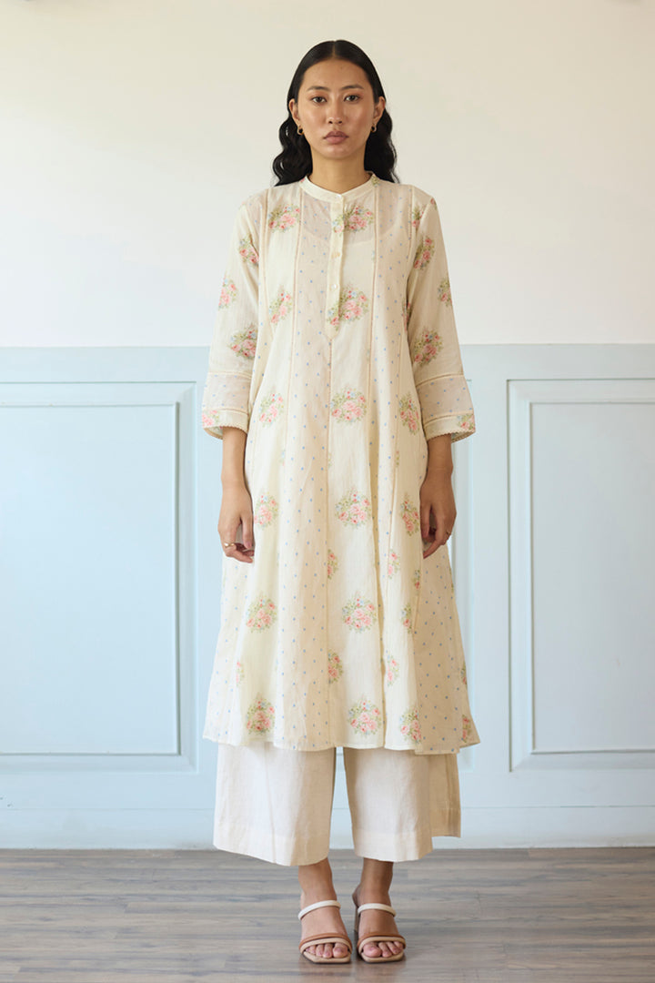 White & Blue Kurta/Tunic With Pants and Scarf
