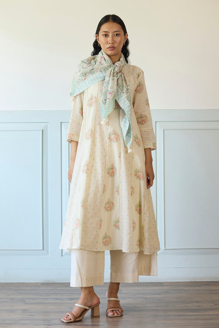 White & Blue Kurta/Tunic With Pants and Scarf