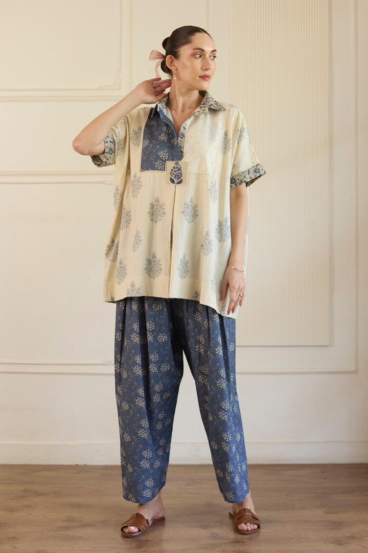 White & Blue Kaftan Top With Pants Set