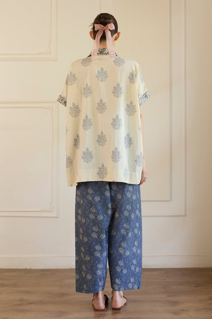 White & Blue Kaftan Top With Pants Set