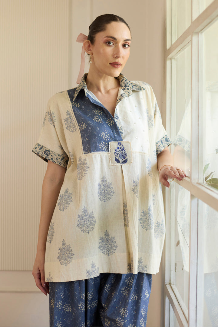 White & Blue Kaftan Top With Pants Set