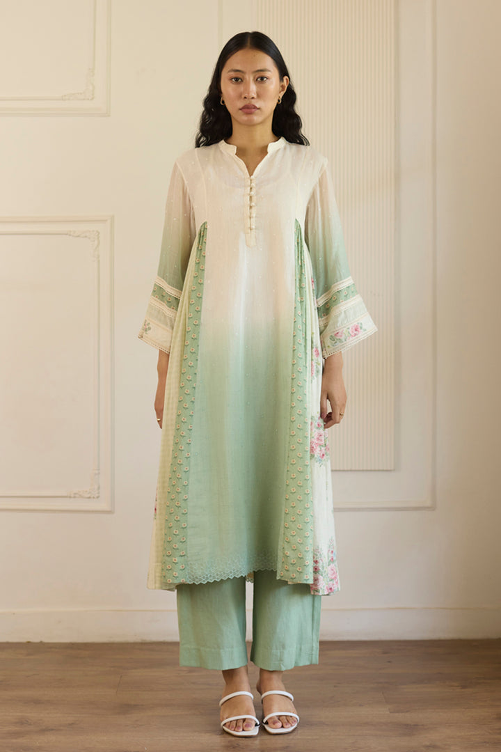 White & Green Ombre Kurta/Tunic With Pants