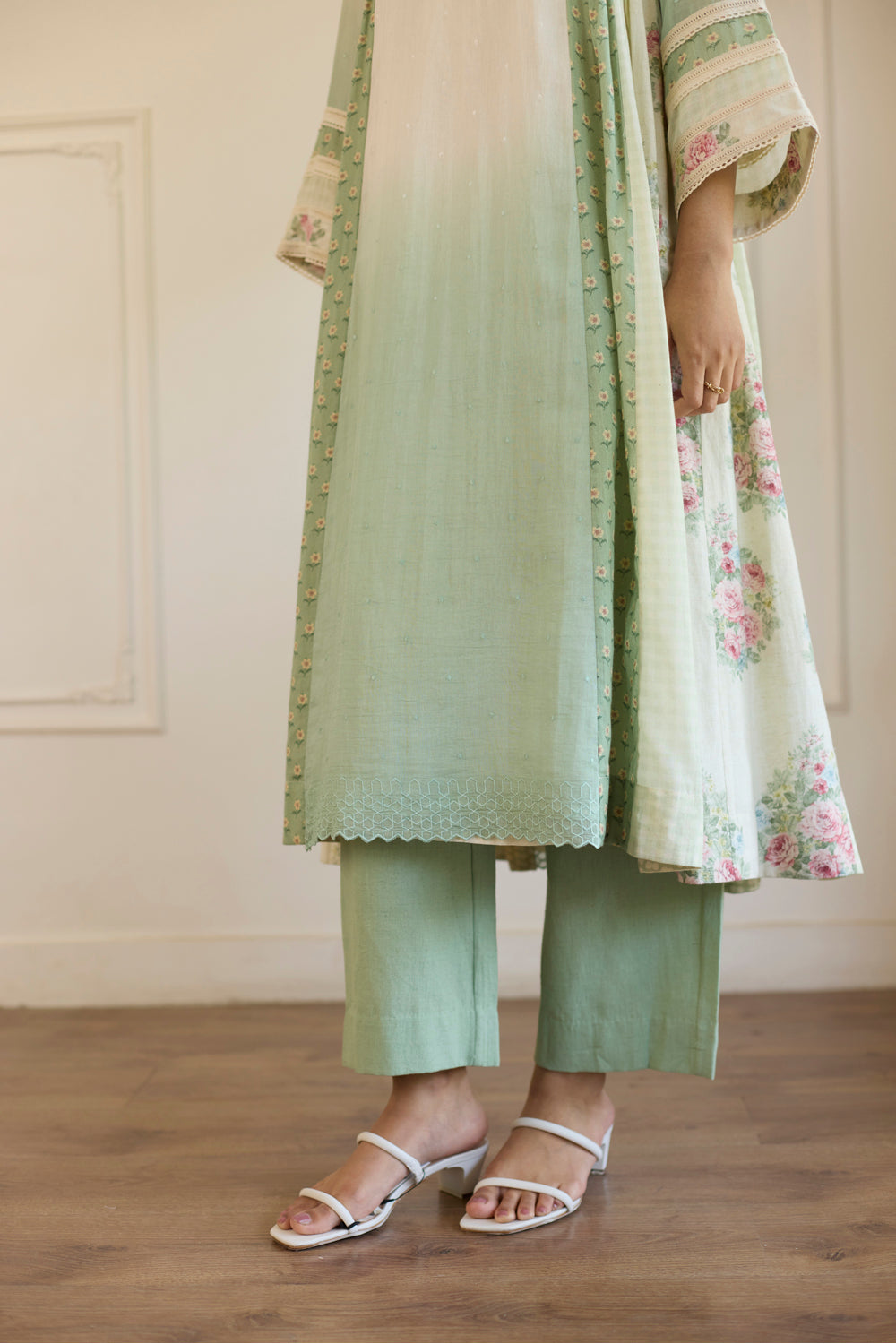 White & Green Ombre Kurta/Tunic With Pants