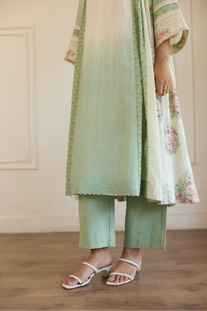 White & Green Ombre Kurta/Tunic With Pants