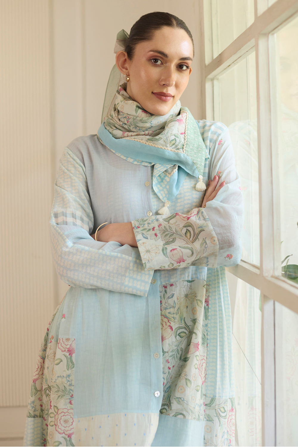 Blue Patchwork Kurta With Pants Set