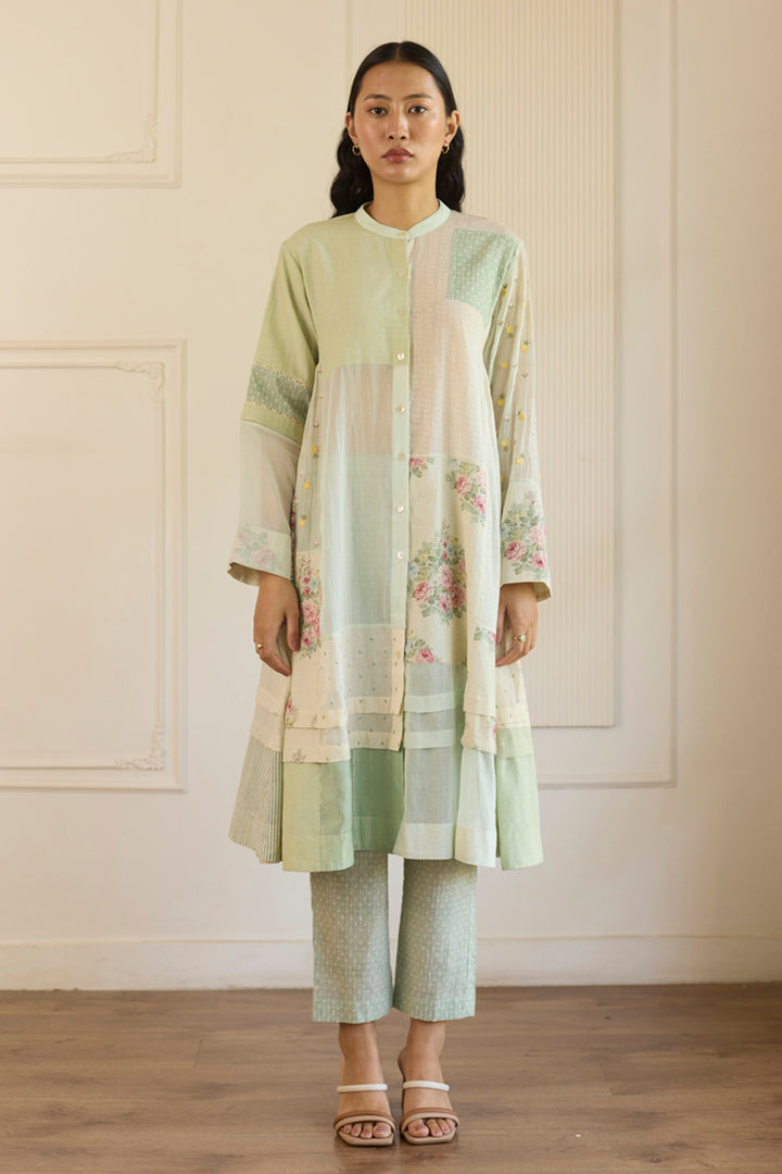 Green Patchwork Kurta With Pants Set