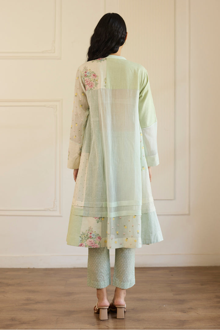 Green Patchwork Kurta With Pants Set