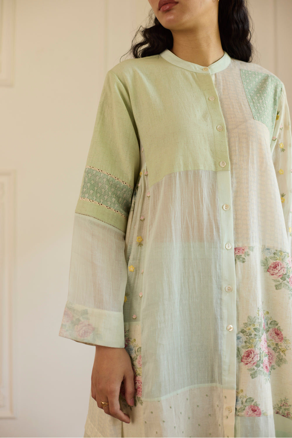 Green Patchwork Kurta With Pants Set