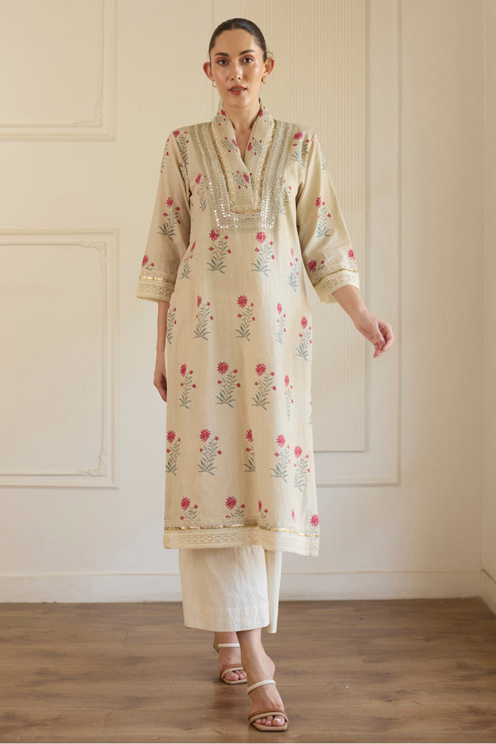 Beige Straight Kurta With Pants Set