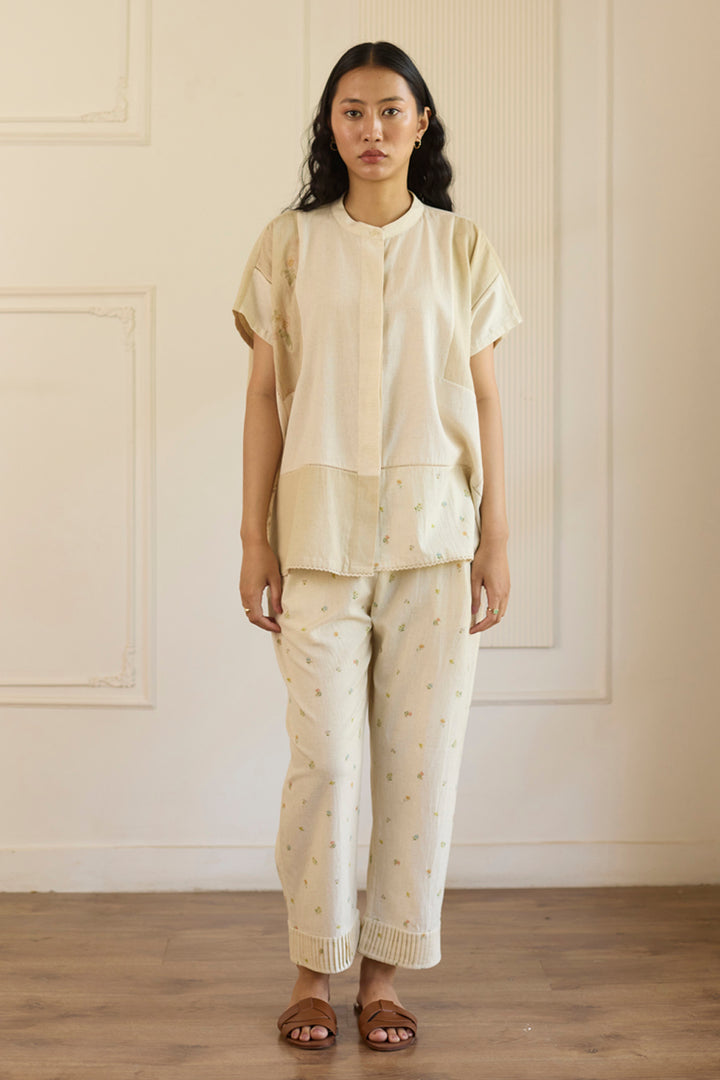 Beige Kaftan Top With Pants Set